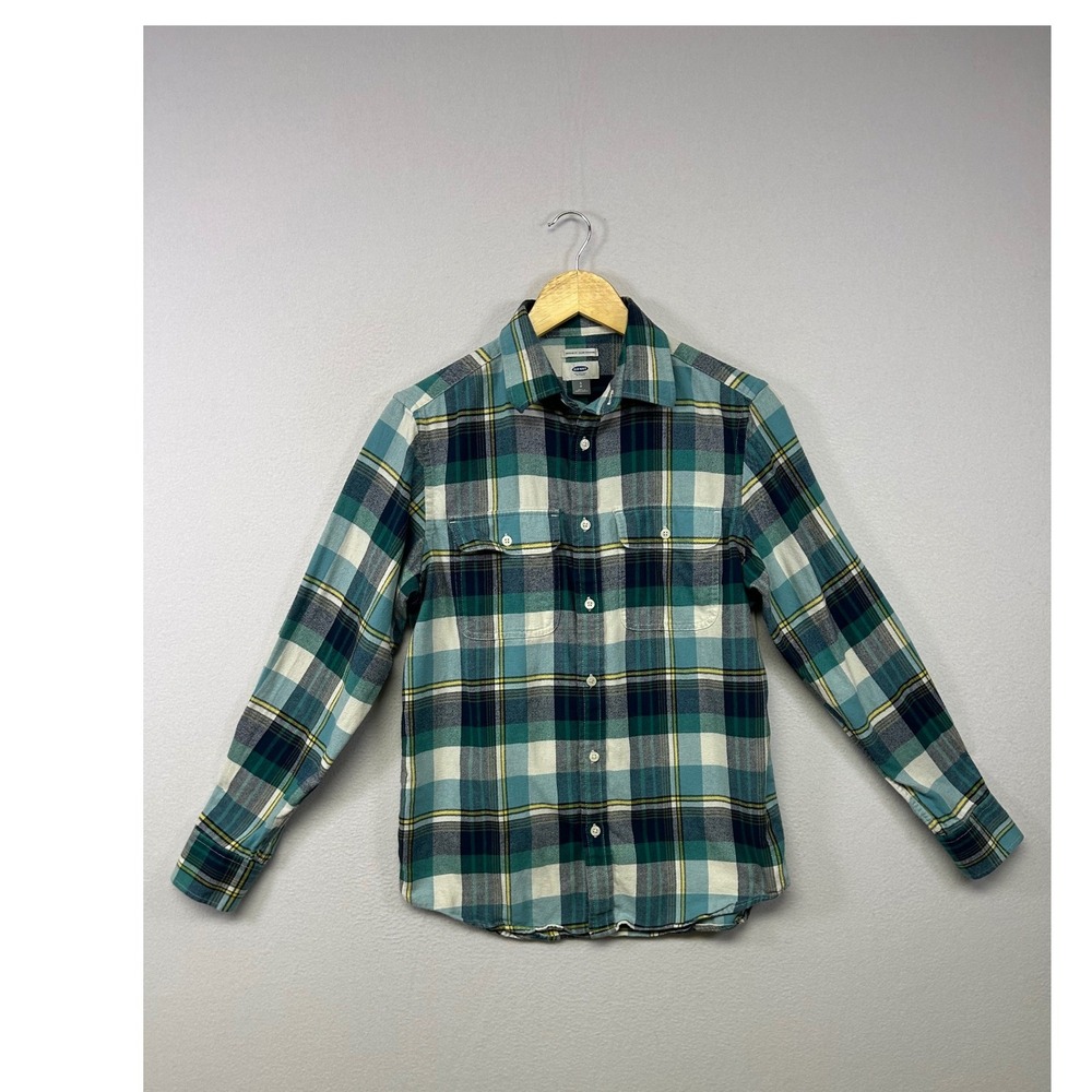 Grunge Cabin Old Navy Mens Small Teal Green Plaid Flannel Button Down Shirt